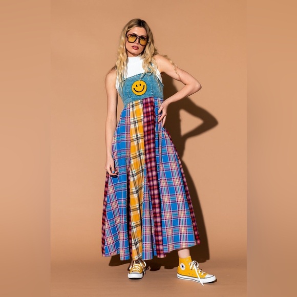 Dressed in Lala Walking On Sunshine Overall Dress NWT Size XL Plaid Panel Denim - Picture 2 of 15